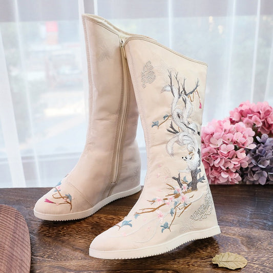 Winter jade fox Hanfu shoes women's long boots high boots female Chinese clothes boots plus velvet heavy work embroidered shoes costume increase high cotton boots