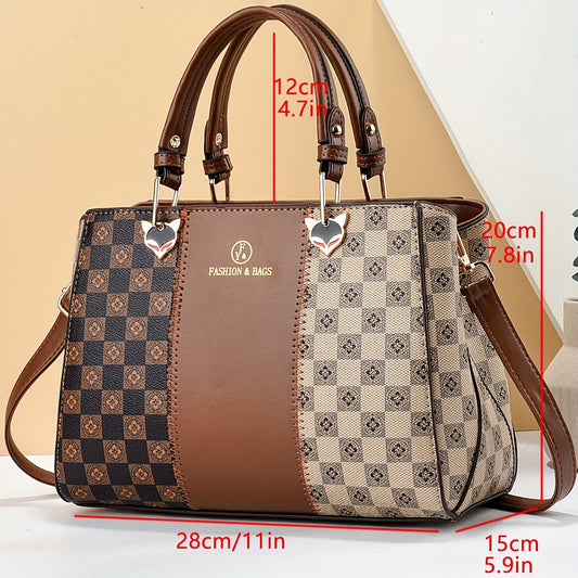 Borsa A Mano Colorblock Per Donne, Borsa A Tracolla A Motivo A Scacchi, Elegante Borsa A Manico Superiore