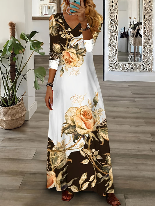 Floral Print Maxi Dress, Elegant V Neck Long Sleeve Dress, Women's Clothing