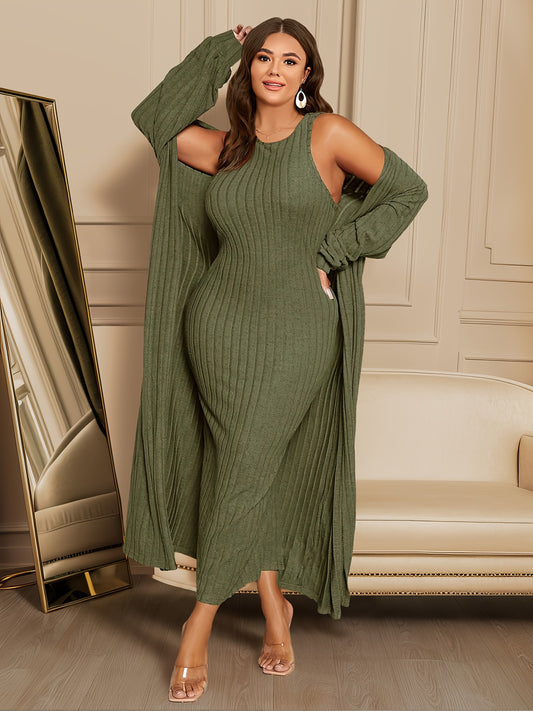 Plus Size Set A Due Pezzi A Coste, Cardigan Aperto A Maniche Lunghe E Abiti Senza Maniche, Abbigliamento Da Donna Taglie Forti