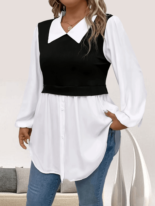 Camicetta Con Colletto Polo Colorblock Taglie Forti, Camicetta Casual A Maniche Lunghe Per Primavera E Autunno, Abbigliamento Taglie Forti Da Donna