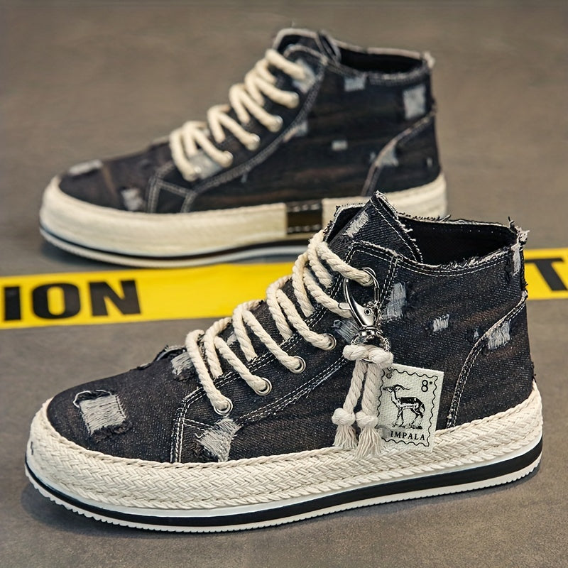 Scarpe Da Skate High-top In Denim Distressed Da Uomo Con Buona Presa, Sneakers Traspiranti Con Lacci, Calzature Da Uomo, Look Ispirato Alle Espadrillas