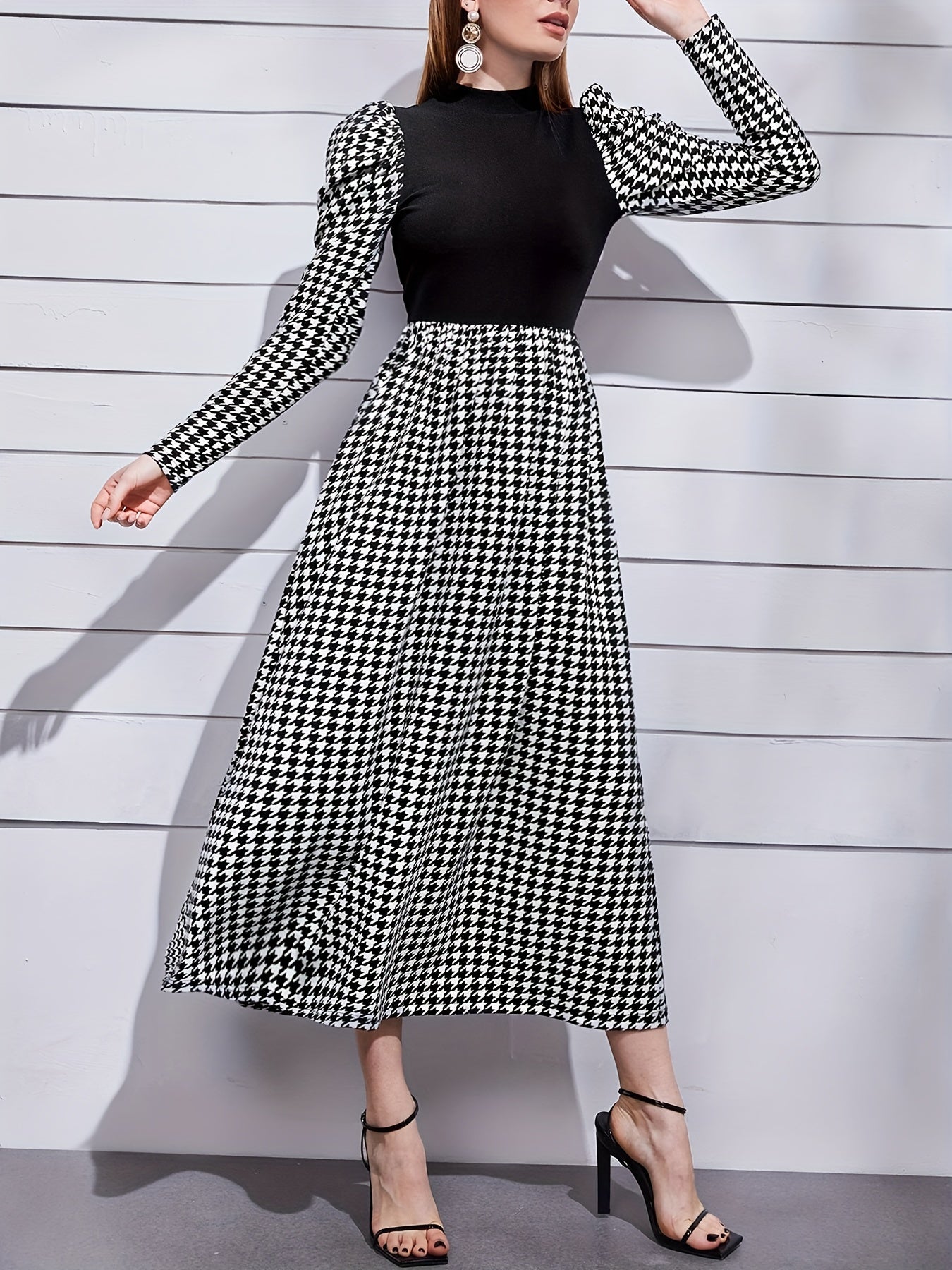 Houndstooth Print Splicing Dress, Elegant Long Sleeve Midi Dress, Women's Clothing