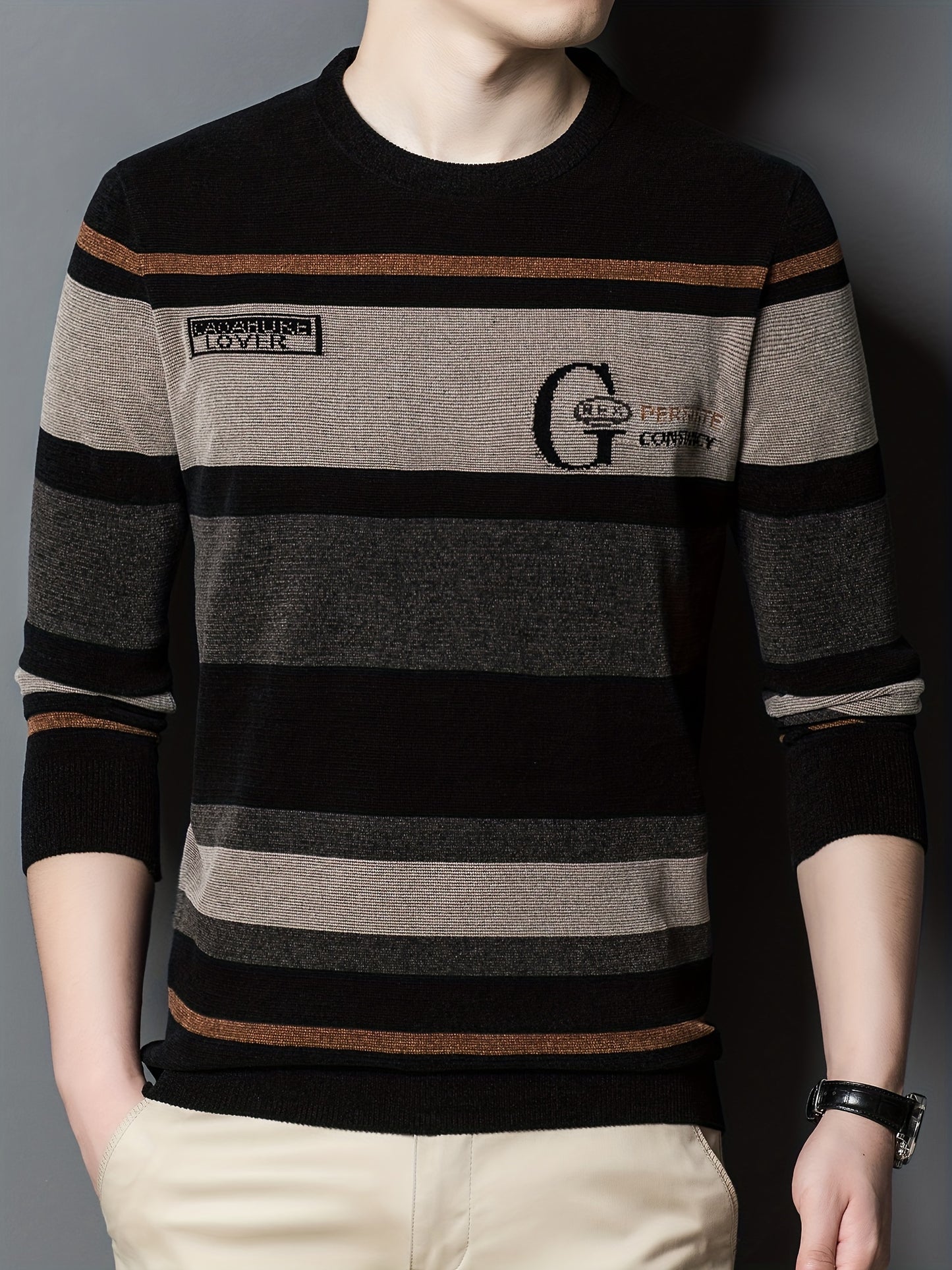 All Match Knitted Color Block Sweater, Men's Casual Warm High Stretch Crew Neck Pullover Sweater For Men Fall Winter