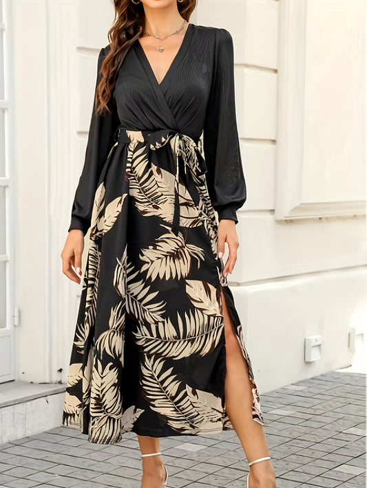 Leaf Print Surplice Neck Splicing Dress, Belted Elegant Long Sleeve Dress For Spring & Fall, Women's Clothing