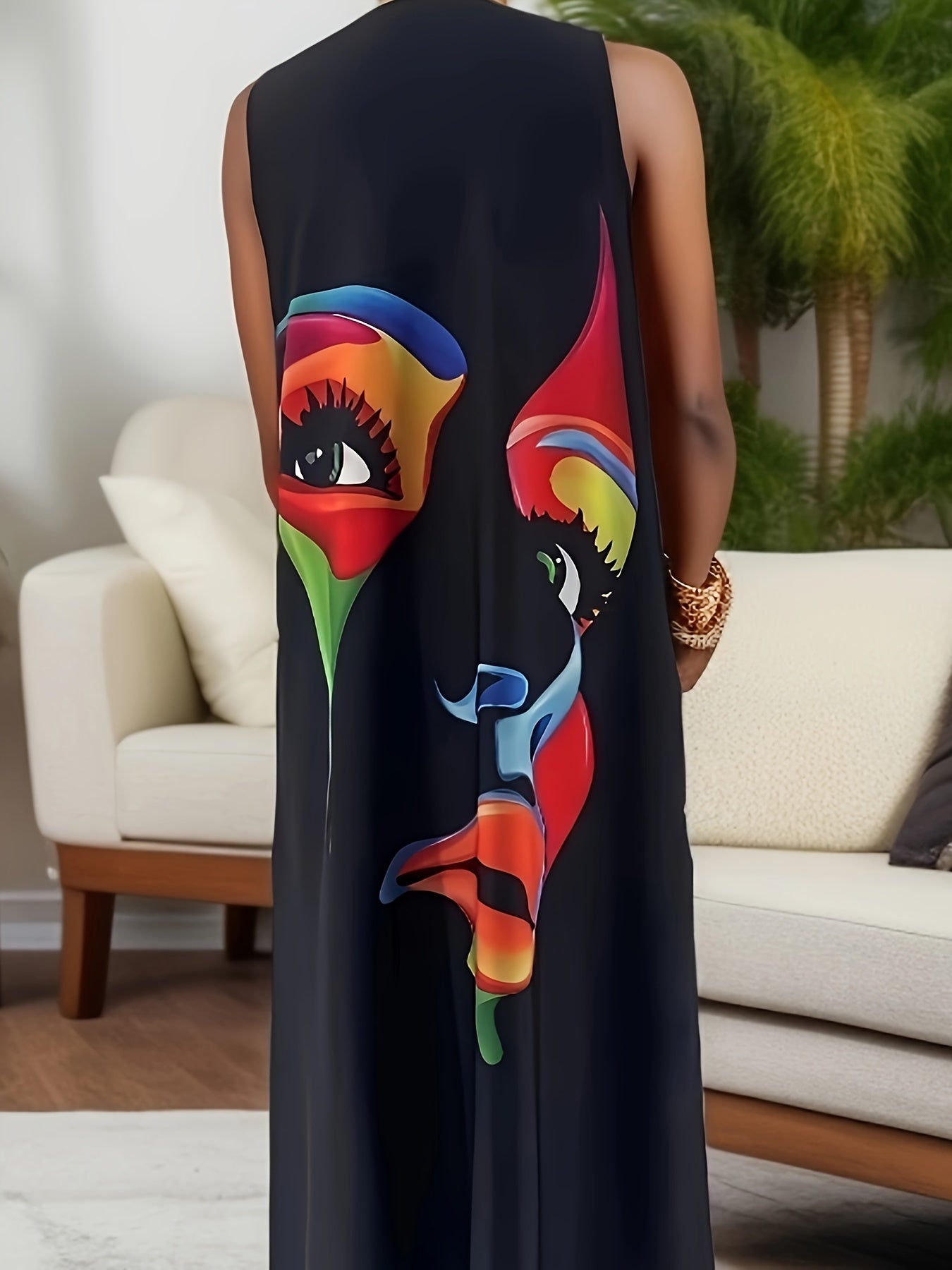 Abstract Face Notched Neck Dress, Elegant Sleeveless Maxi Dress, Women's Clothing