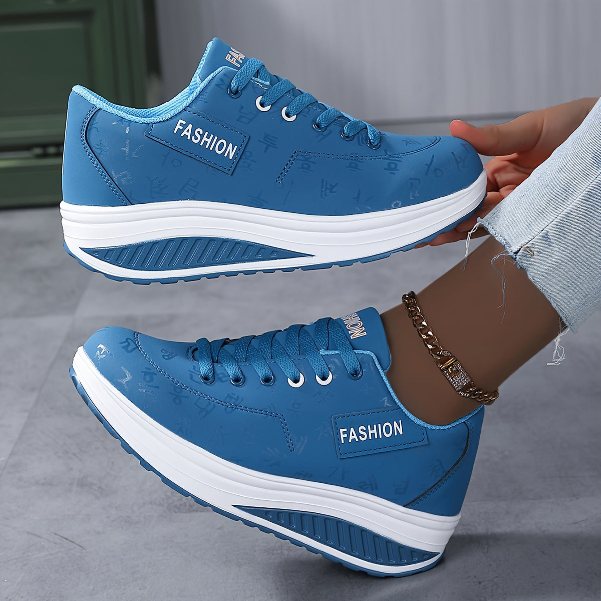 Sneakers Da Donna Con Zeppa Alla Moda Con Motivo A Lettera, Scarpe Da Passeggio Leggere Antiscivolo, Comode Sneakers Casual Con Fondo Spesso