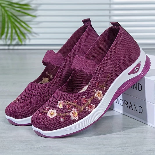 Women's Knitted Flat Shoes, Comfy Floral Embroidered Slip On Shoes, Outdoor Casual & Comfy Shoes