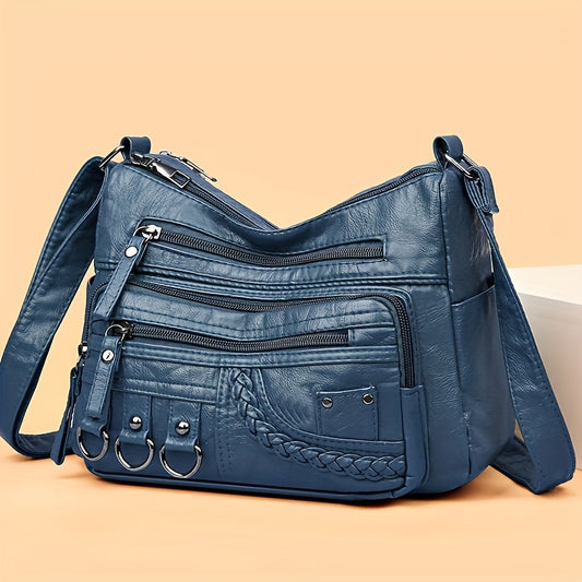 Soft Crossbody Bag For Women, Multi Zipper Pockets Shoulder Bag, Fashion Braided Detail Purse For Every Day