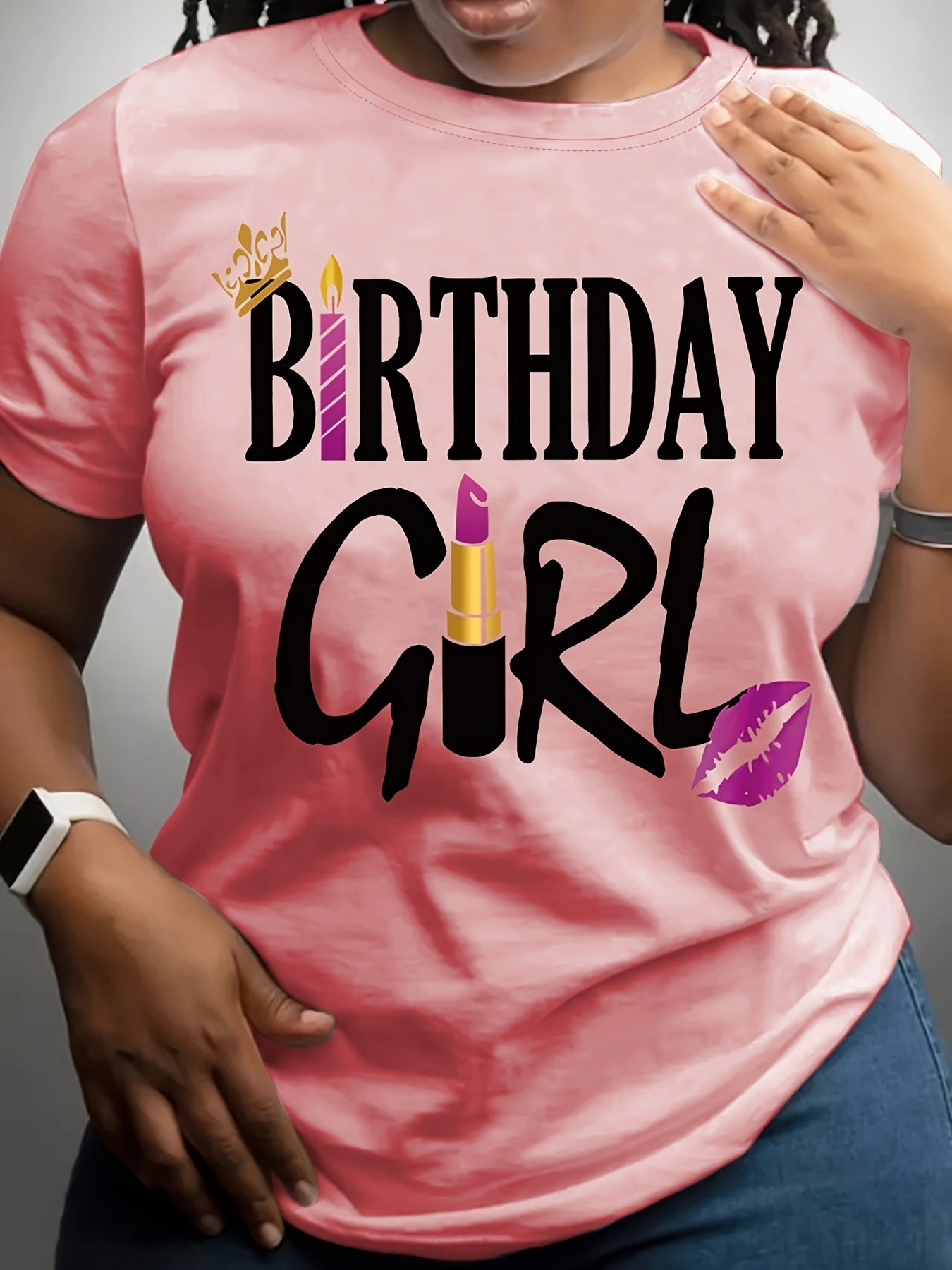 Birthday Girl Letter Print T-shirt, Short Sleeve Crew Neck Casual Top For Summer & Spring, Women's Clothing