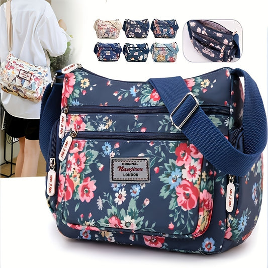 Large Capacity Zipper Bag, Full Print Durable Crossbody Bag, Nylon Stylish Multifunctional Shoulder Bag
