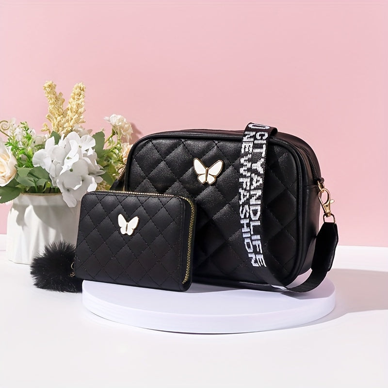 Trendy Black Butterfly Decor Shoulder Square Bag & Mini Card Purse, Classic Argyle Pattern Handbag & Credit Card Holder With Pom Pom Decor