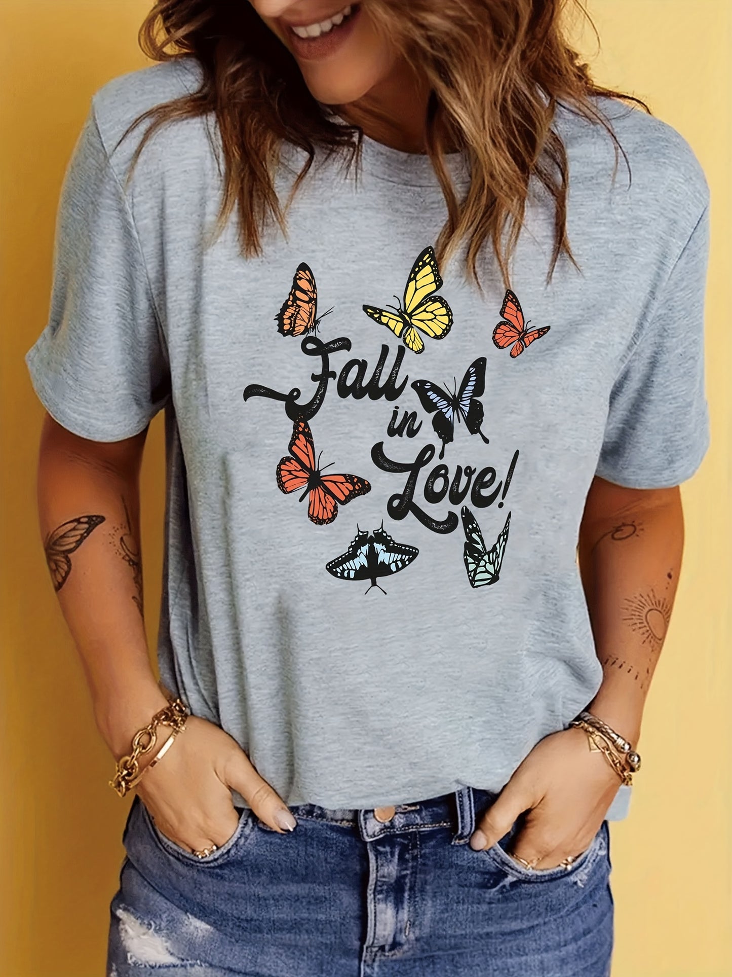 Butterfly & Letter Print T-Shirt, Casual Crew Neck Short Sleeve T-Shirt For Spring & Summer, Women's Clothing