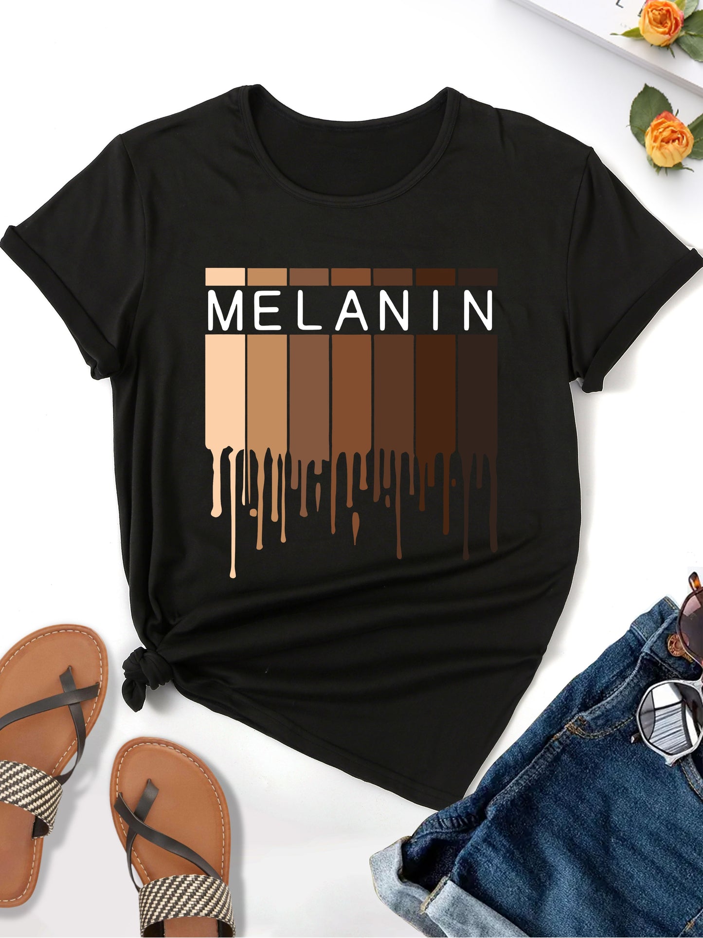 Melanin Print T-shirt, Casual Short Sleeve Crew Neck Top For Spring & Summer, Women's Clothing