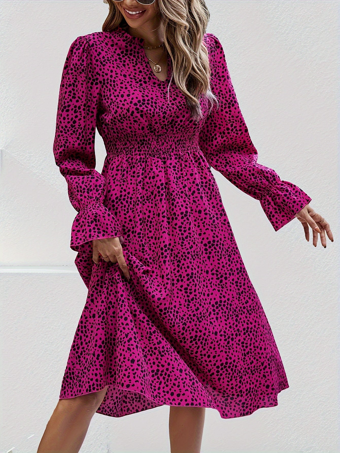 Allover Print Shirred Waist Dress, Elegant Long Sleeve A-line Dress, Women's Clothing