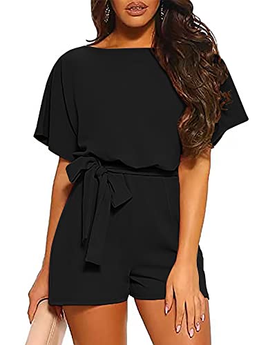 LEMDANNU Black Romper for Women Loose Fit Crewneck Belted Wide Leg Pant Rompers Summer Dinner Playsuit Black M