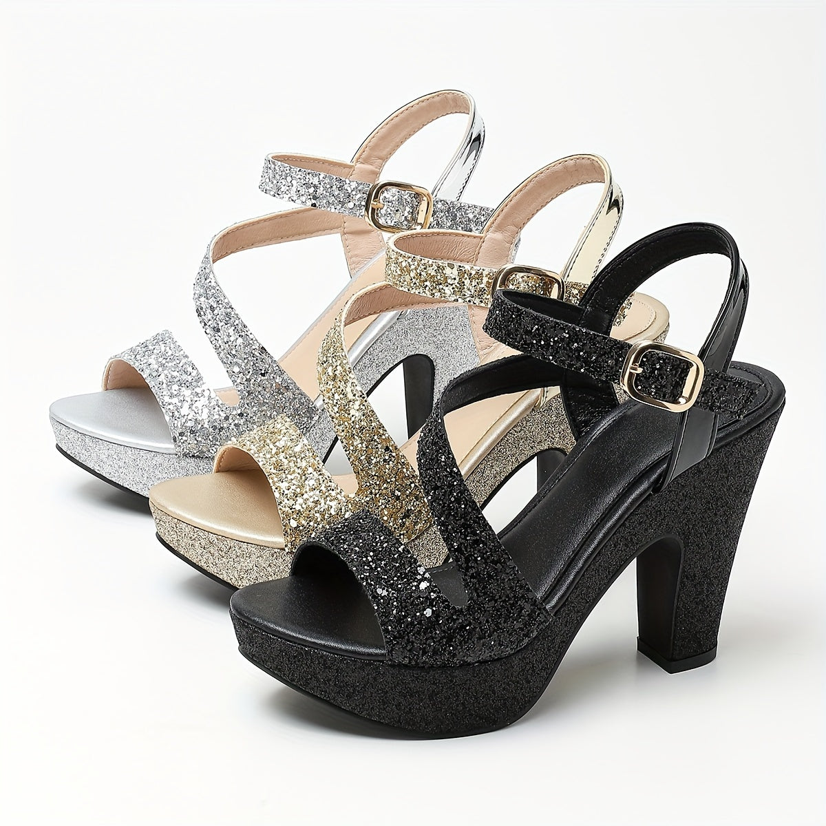 Women's Solid Color Glitter Sandals, Ankle Buckle Strap Casual Chunky Heels, Versatile Summer Party Show Shoes