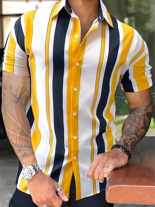 Casual Color Block Striped Men's Short Sleeve Lapel Hawaiian Shirt (without T-shirt), Summer Holiday Top