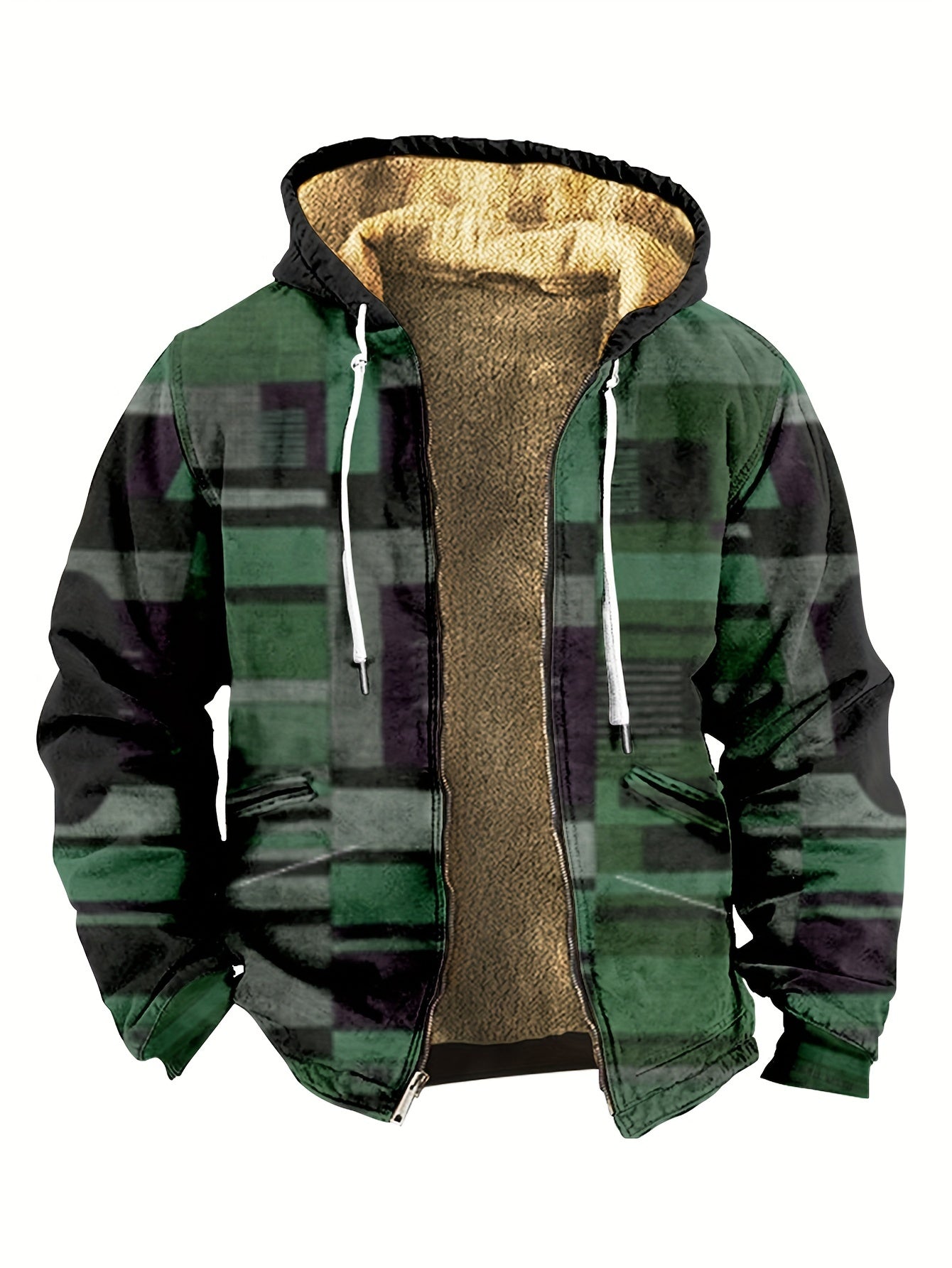 Retro Color Block Pattern Men's Casual Hooded Warm Fleece Zipper Coat For Fall Winter Outdoor