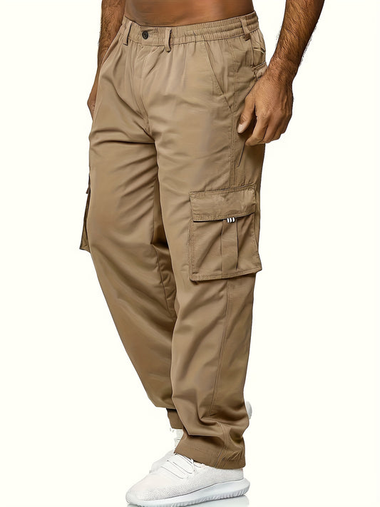 Solid Multi Flap Pockets Men's Straight Leg Cargo Pants, Loose Casual Outdoor Pants, Men's Work Pants For Hiking Fishing Angling