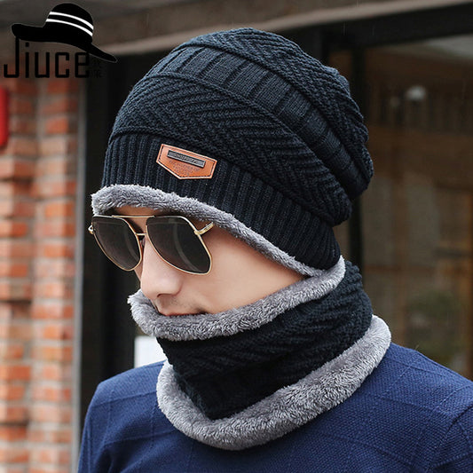 Autumn and winter plus velvet sleeves men's knitted hat collar two-piece leather care ear hat cross-border hat factory