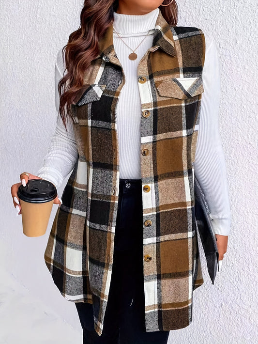 Plus Size Plaid Button Front Vest Jacket, Giacca Senza Maniche Casual Per La Primavera E L'autunno, Abbigliamento Taglie Forti Da Donna