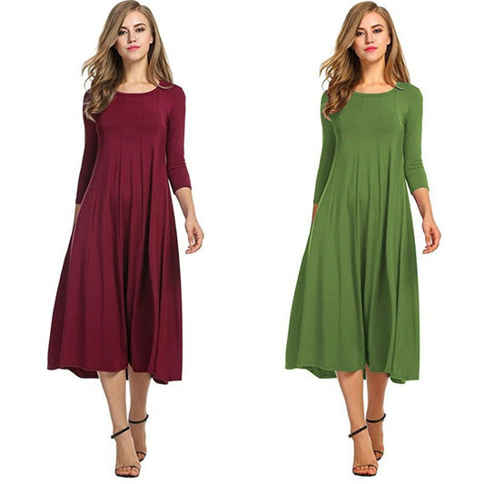 2018 European and American autumn new Amazon eBay cross-border round neck middle sleeve solid color large swing dress