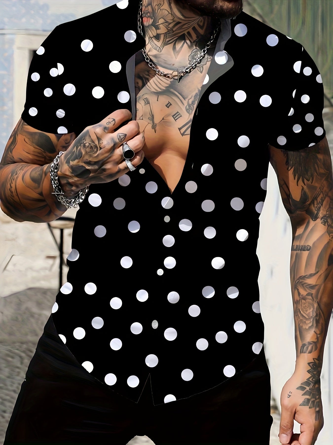 Men's Polk Dot 3D Print Fashion Short Sleeve V-neck Button Down Shirts, Men's Summer Clothes, Casual Graphic Tops, Men's Novelty Pajamas Tops