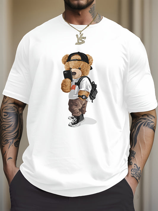 Cartoon Teddy Bear Print, Men's Graphic Design Crew Neck T-shirt, Casual Comfy Tees Tshirts For Summer, Men's Clothing Tops For Daily Vacation Resorts