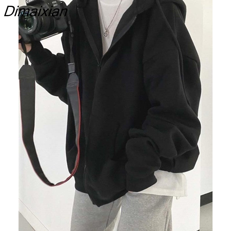 Dimaixian Women Hoodies Harajuku Korean Version Loose Sweatshirts Vintage Solid Color Long Sleeve Hooded Sweatshirt Zipper Coats