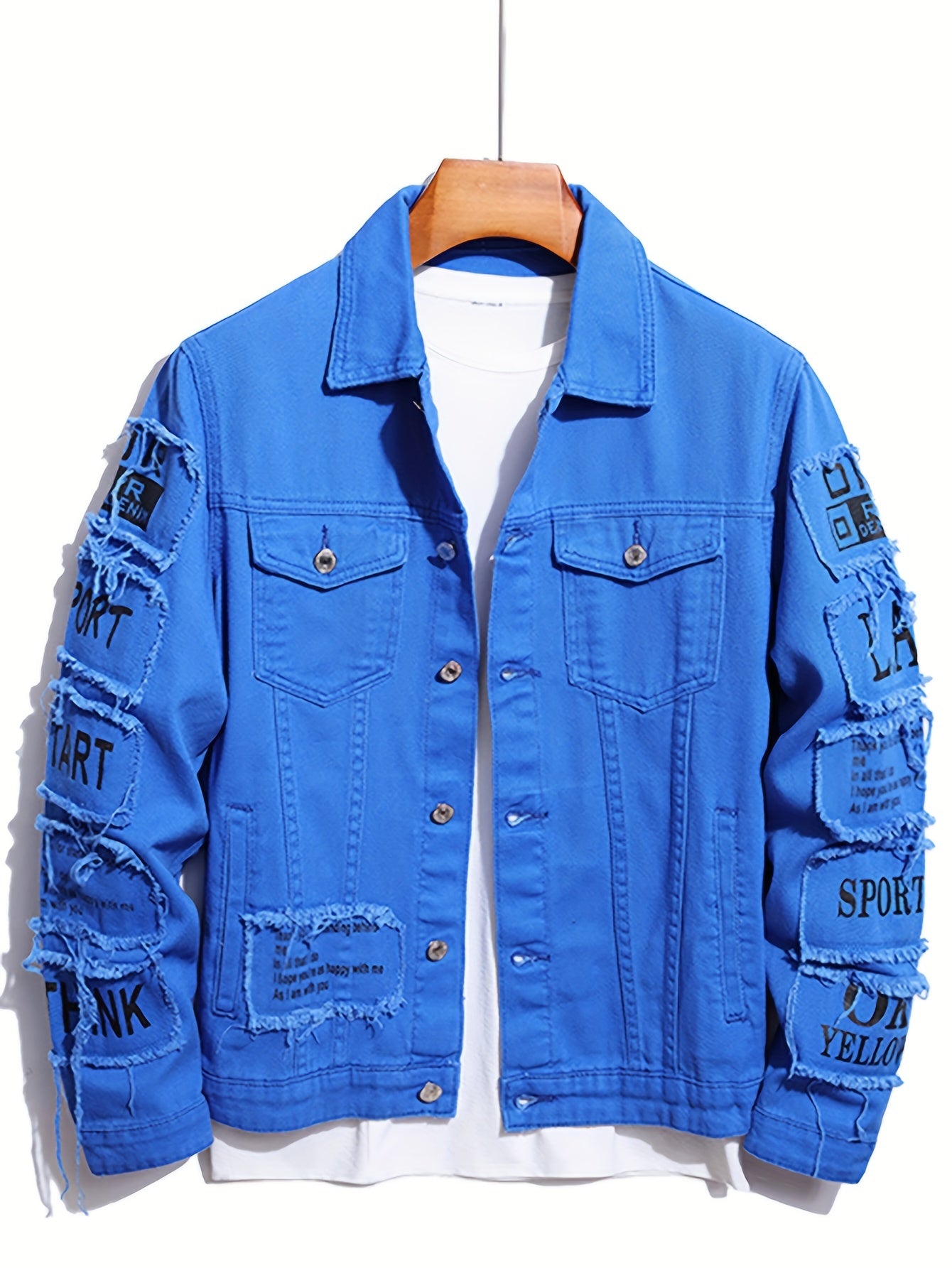 Men's Letter Print Denim Jacket, Casual Street Style Denim Jacket