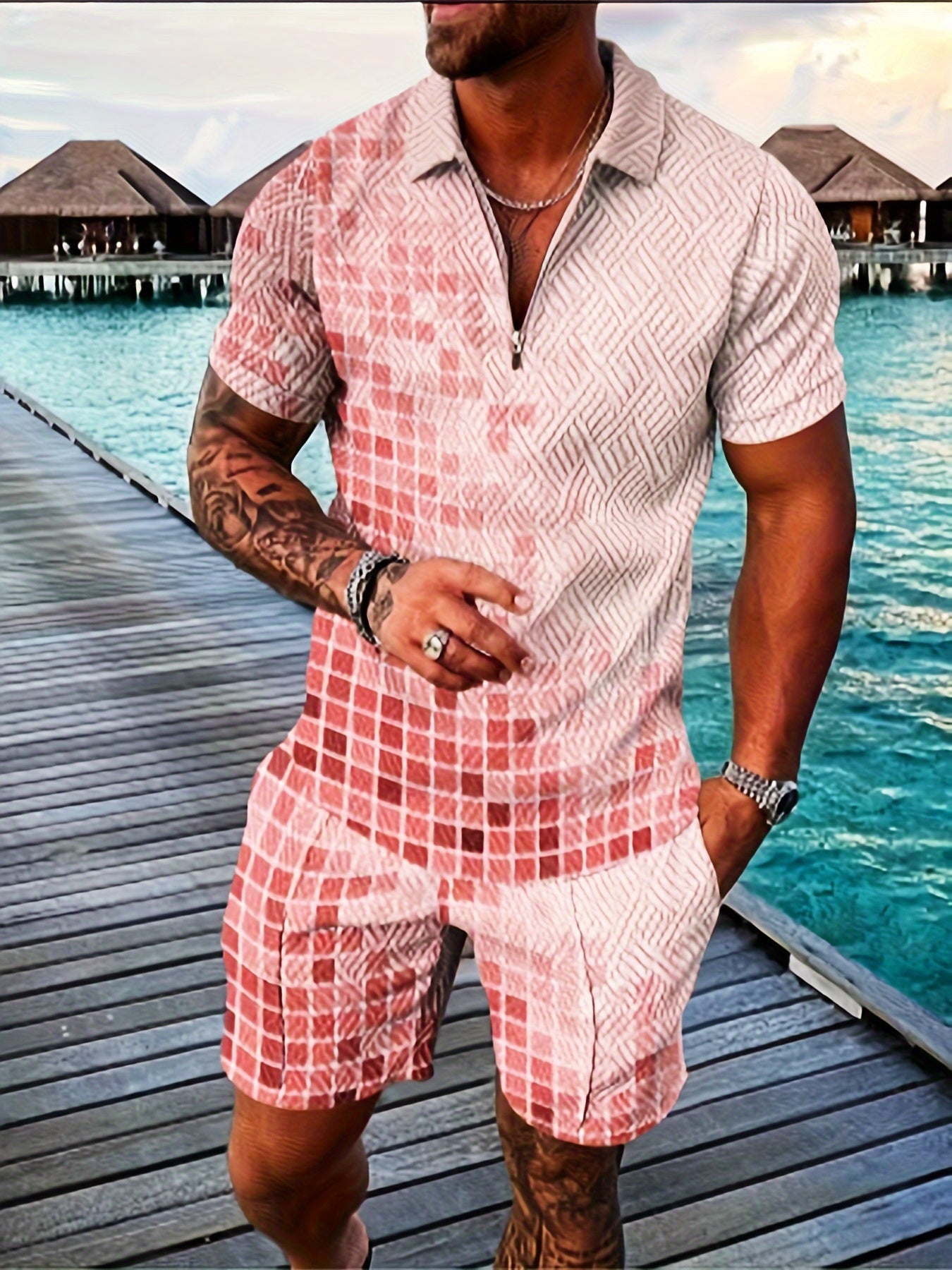 Mondrian Style / Ombre Completo da 2 Pezzi da Uomo con Camicia e Pantaloncini con Bavero, Camicia Casual con Bavero a Maniche Corte e Completo con Pantaloncini Larghi, Abbigliamento da Uomo