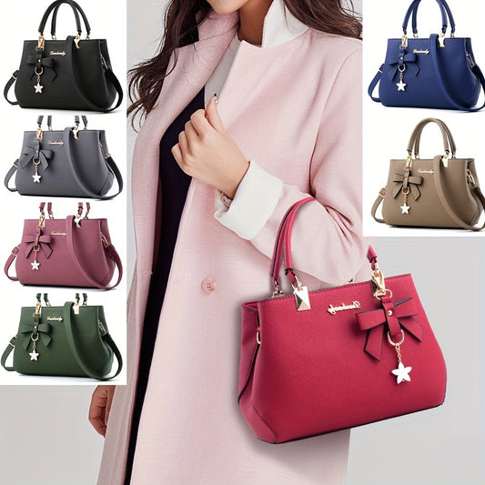 Elegant Solid Color Handbag, Women's Stylish Crossbody Bag, Fashion Satchel Purse With Bowknot Charms