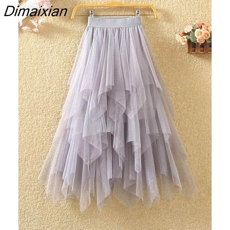 Dimaixian Women irregular Tulle Skirts Fashion Elastic High Waist Mesh Tutu Skirt Pleated Long Skirts Midi Skirt Saias Faldas Jupe Femmle