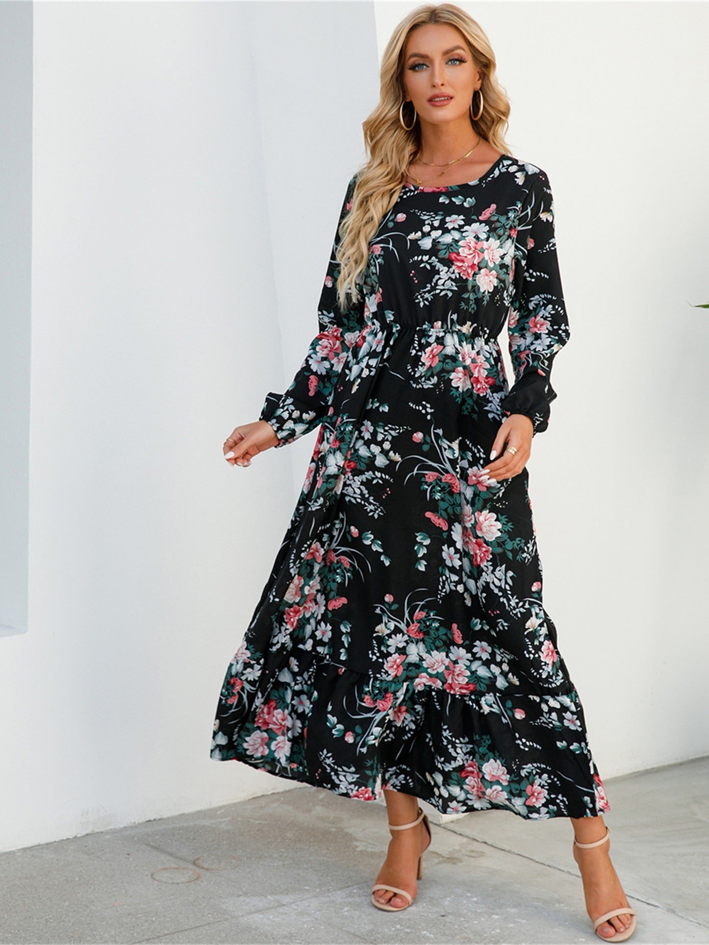 Floral Long Sleeve Maxi Dress, Long Sleeve Loose Crew Neck Dress, Casual Dresses For Spring & Summer, Women's Clothing