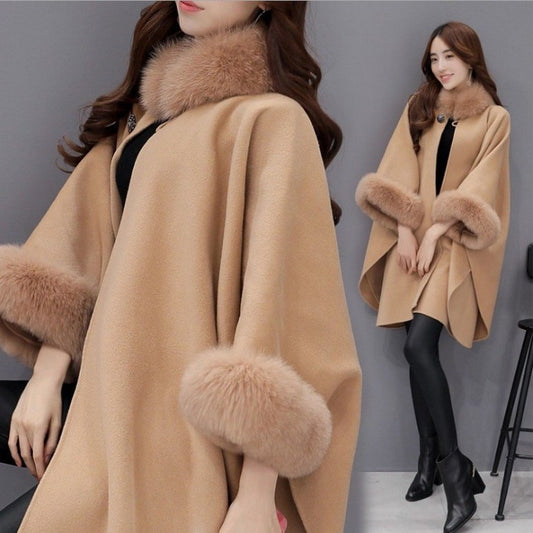 Spot winter new Korean version of the fox fur collar long wool woolen coat temperament cloak shawl