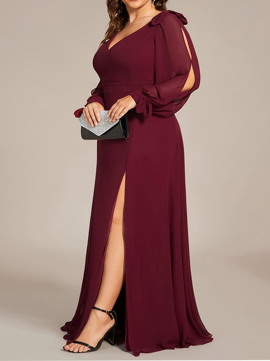 Plus Size Abito Da Damigella D'Onore Elegante, Abito Formale Maxi Con Spacco Sulla Coscia Diviso A V Collo Con Fiocco Dettaglio Manica Divisa Per Donne Plus