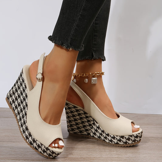 Platform Wedge Houndstooth Sandals, Solid Color Peep Toe Ankle Buckle Strap Slingback Shoes, Casual Party Sandals