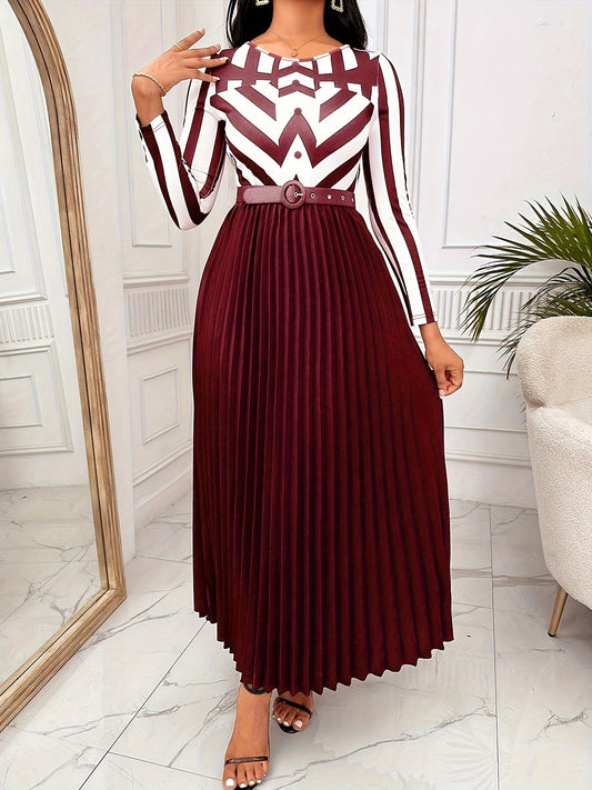 Graphic Print Belted Dress, Elegant Pleated Long Sleeve Dress For Spring & Fall, Women's Clothing