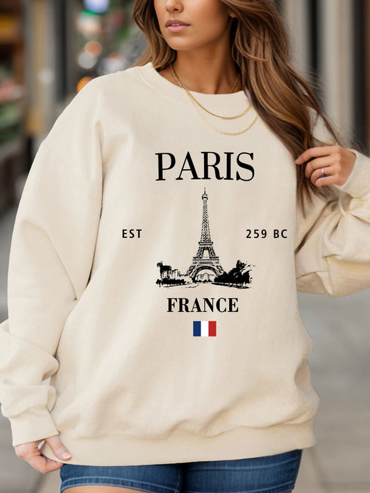 Paris Print Loose Sweatshirt, Casual Long Sleeve Crew Neck Sweatshirt, Women's Clothing