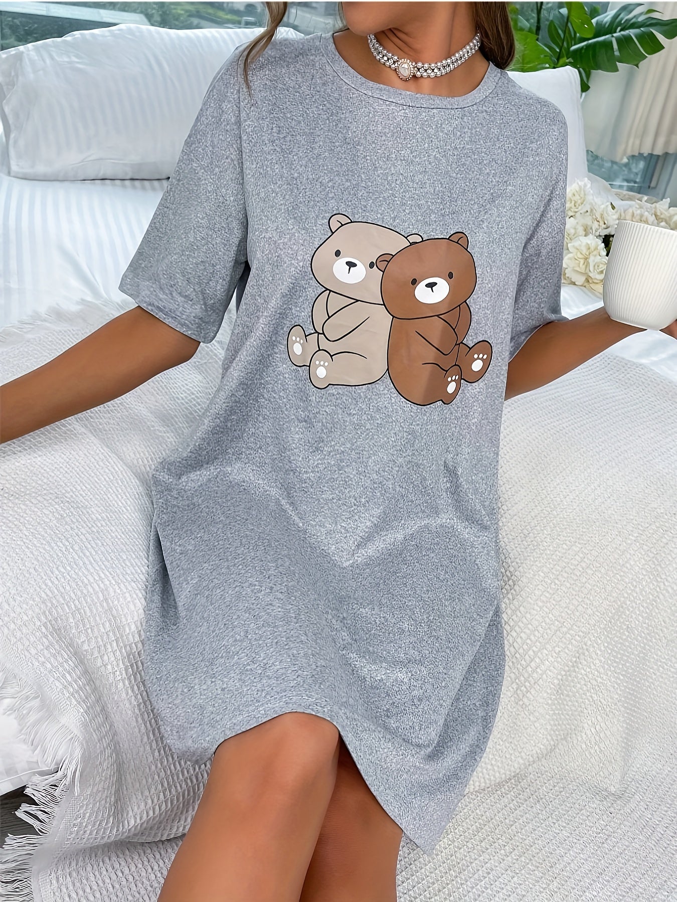 Bear Print Crew Neck Tee Dress, Casual Half Sleeve Dress For Spring & Summer, Women's Clothing