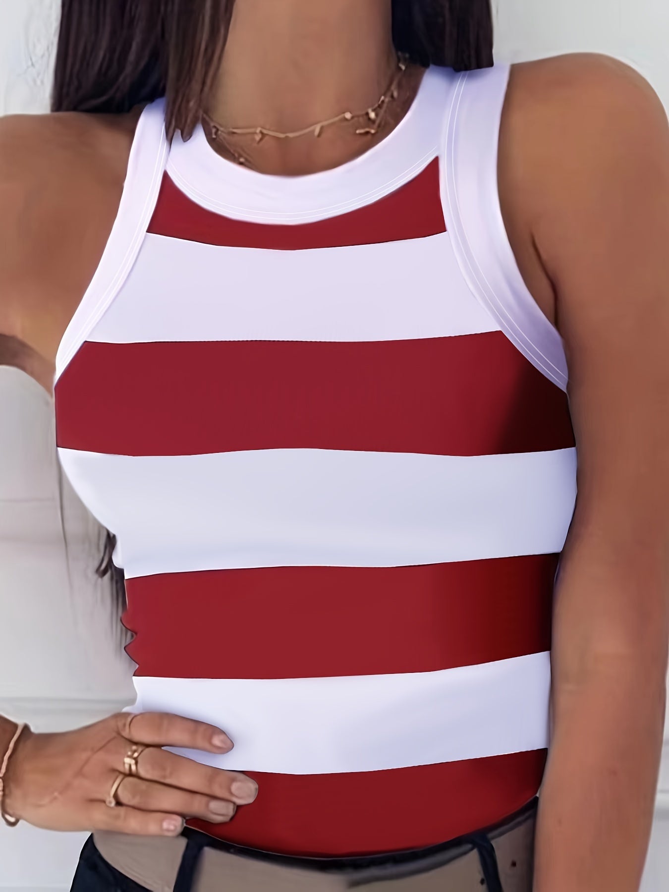 Slim Striped Tank Top, Sleeveless Crew Neck Tank Top, Casual Every Day Tops, Women's Clothing