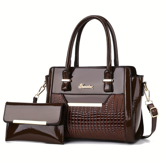 Borsa Tote Classica In Tinta Unita Con Motivo Coccodrillo Con Pochette, Borse Strutturate Per Donna