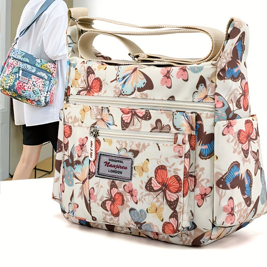 Floral Pattern Crossbody Bag, Casual Nylon Shoulder Bag, Women's Multi Pockets Purses, Mothers Day Gift For Mom