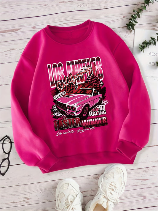 Car Print Pullover Sweatshirt, Casual Long Sleeve Crew Neck Sweatshirt For Fall & Winter, Women's Clothing