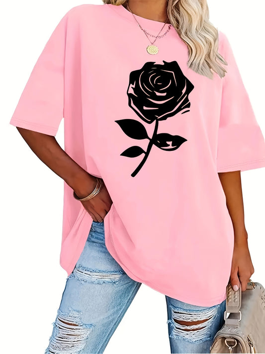 Plus Size Maglietta Con Stampa Di Rose, Maglietta Casual A Maniche Corte Con Collo A Giro Per La Primavera E L'estate, Abbigliamento Taglie Forti Da Donna