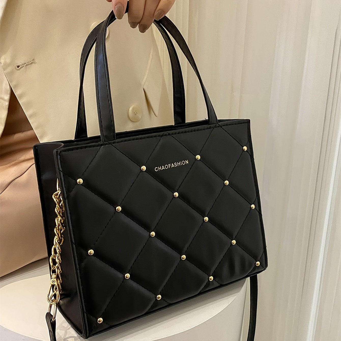Classic Rivets Decor Square Handbag, Argyle Pattern Women's Crossbody Bag, Solid Color Satchel Bag