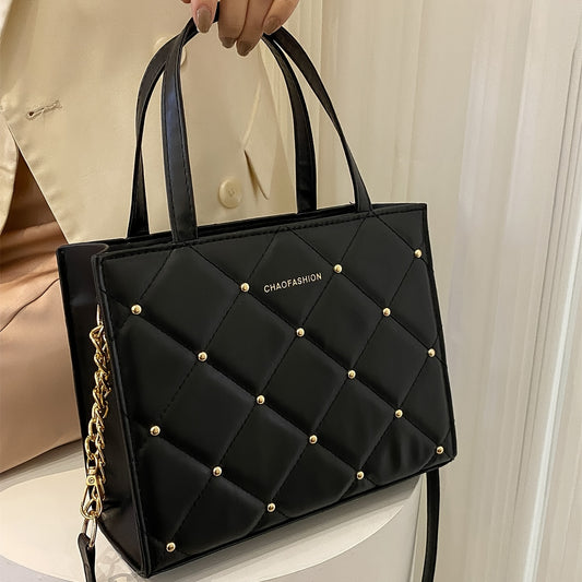 Classic Rivets Decor Square Handbag, Argyle Pattern Women's Crossbody Bag, Solid Color Satchel Bag