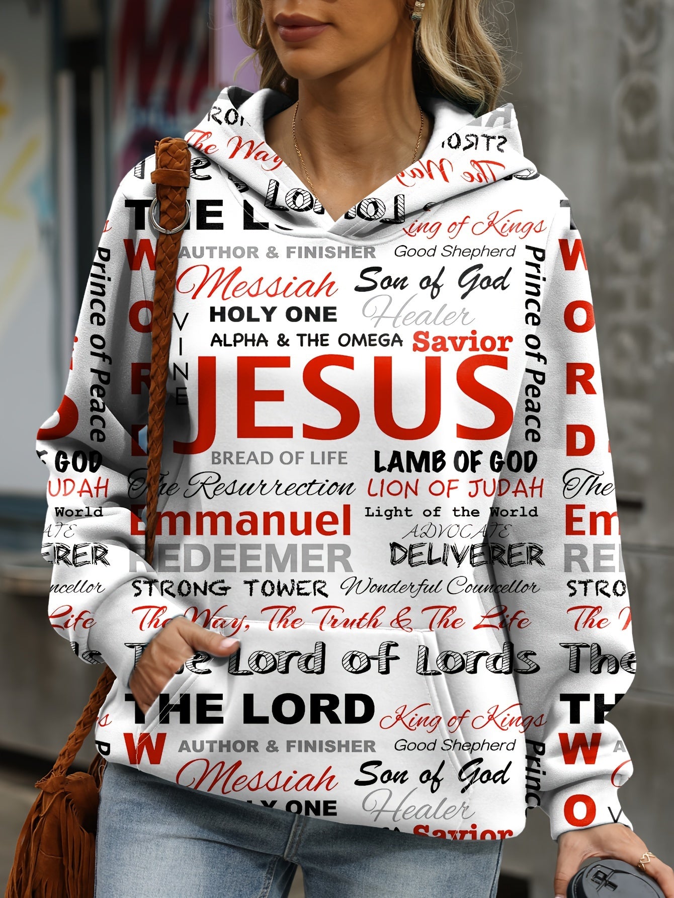 Jesus Letter Print Hoodies, Casual Kangaroo Pocket Long Sleeve Sweatshirt, Women's Clothing