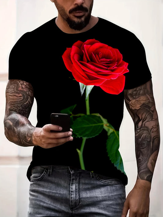 Creative Flower 3D Print Men's Novelty Short Sleeve Crew Neck T-shirt, Summer Outdoor, Gift For Men